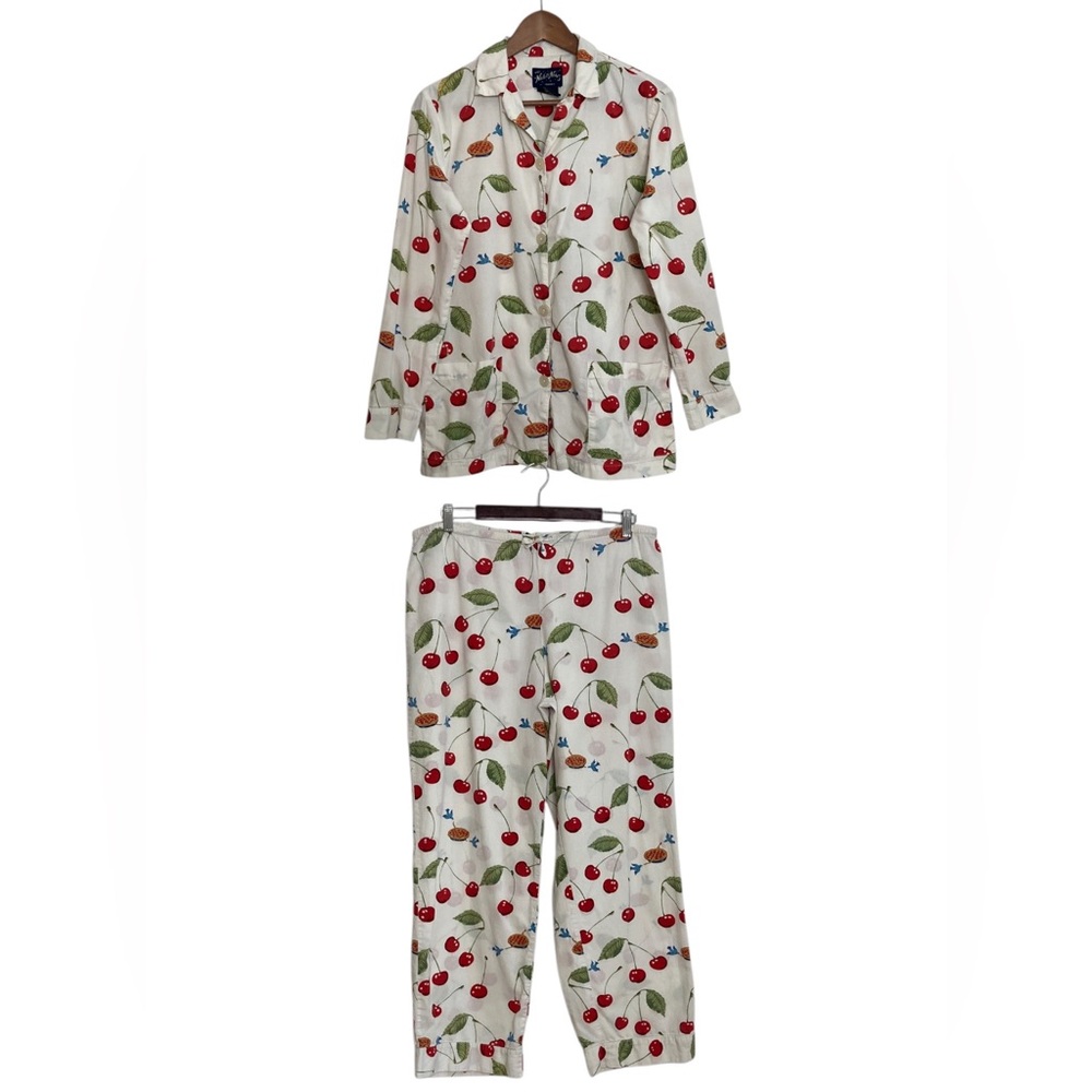 Nick & Nora Pajama Set Womens Small White Red Cherries Cherry Pie Blue Birds PJs